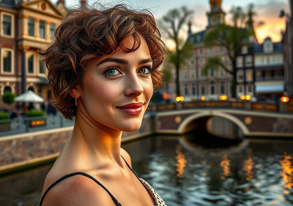 A beautiful short curly hair woman with green eyes and some ...