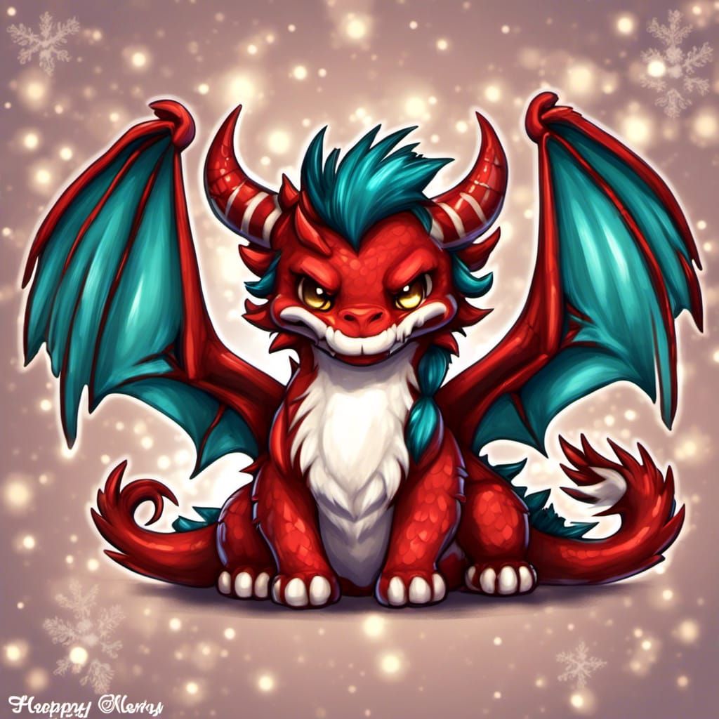 Christmas Chibi Dragon with Open Wings