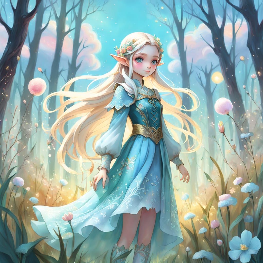 Enchanting Elf in Pastel Forest Clearing