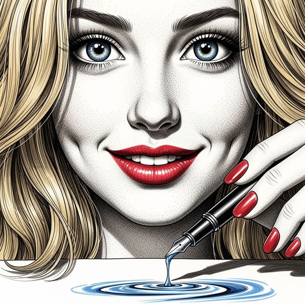 Detailed Portrait of Smiling Woman with Blue Ink