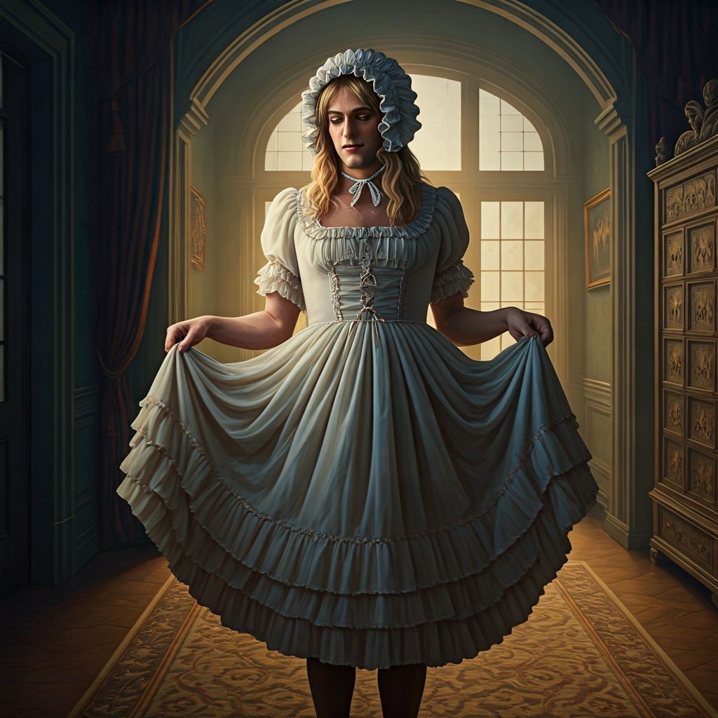 Worried Young Man in Tulle Dress and Bonnet