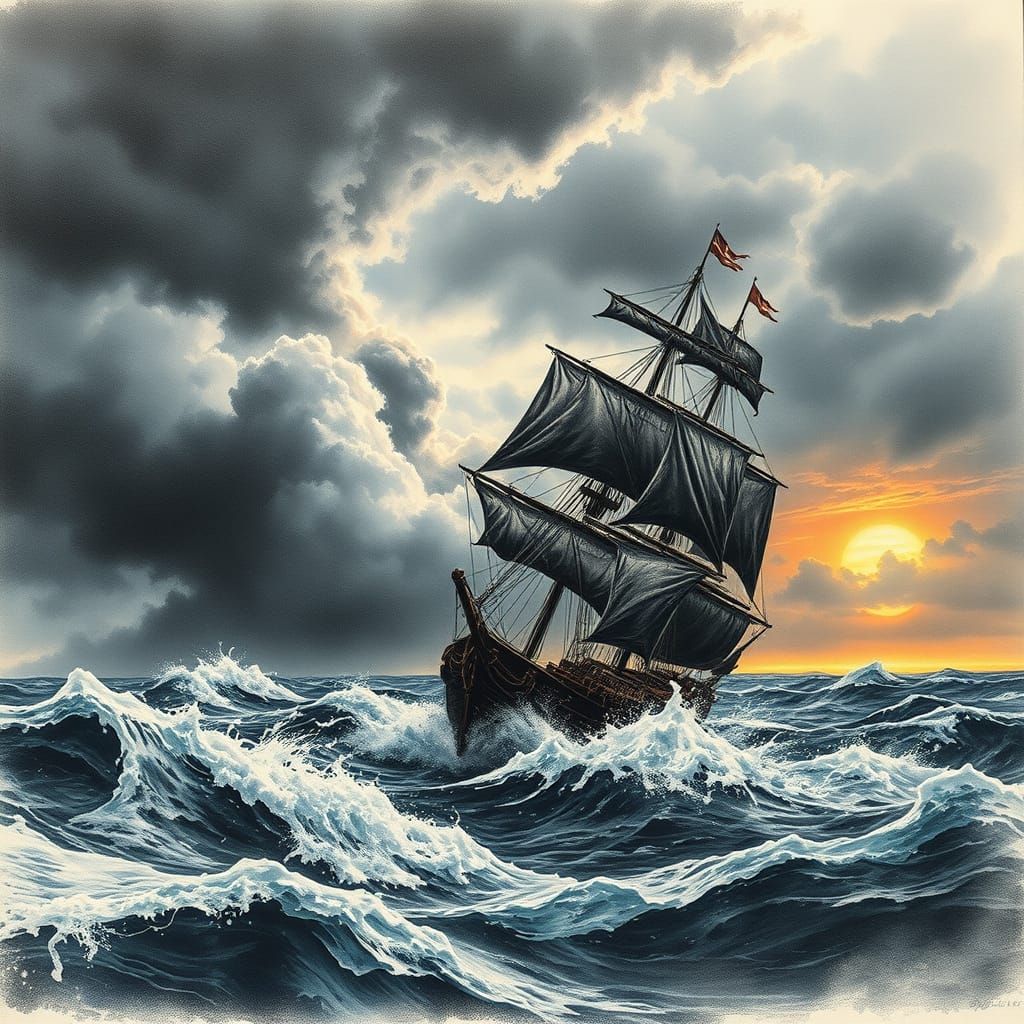 18th Century Sailing Ship Battles a Raging Storm