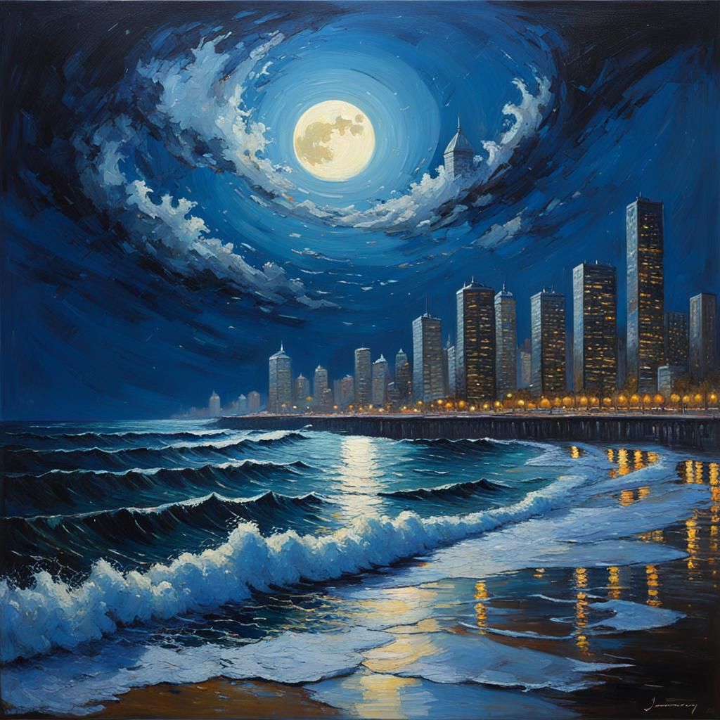 Moonlit Cityscape with Waves, Oil Painting