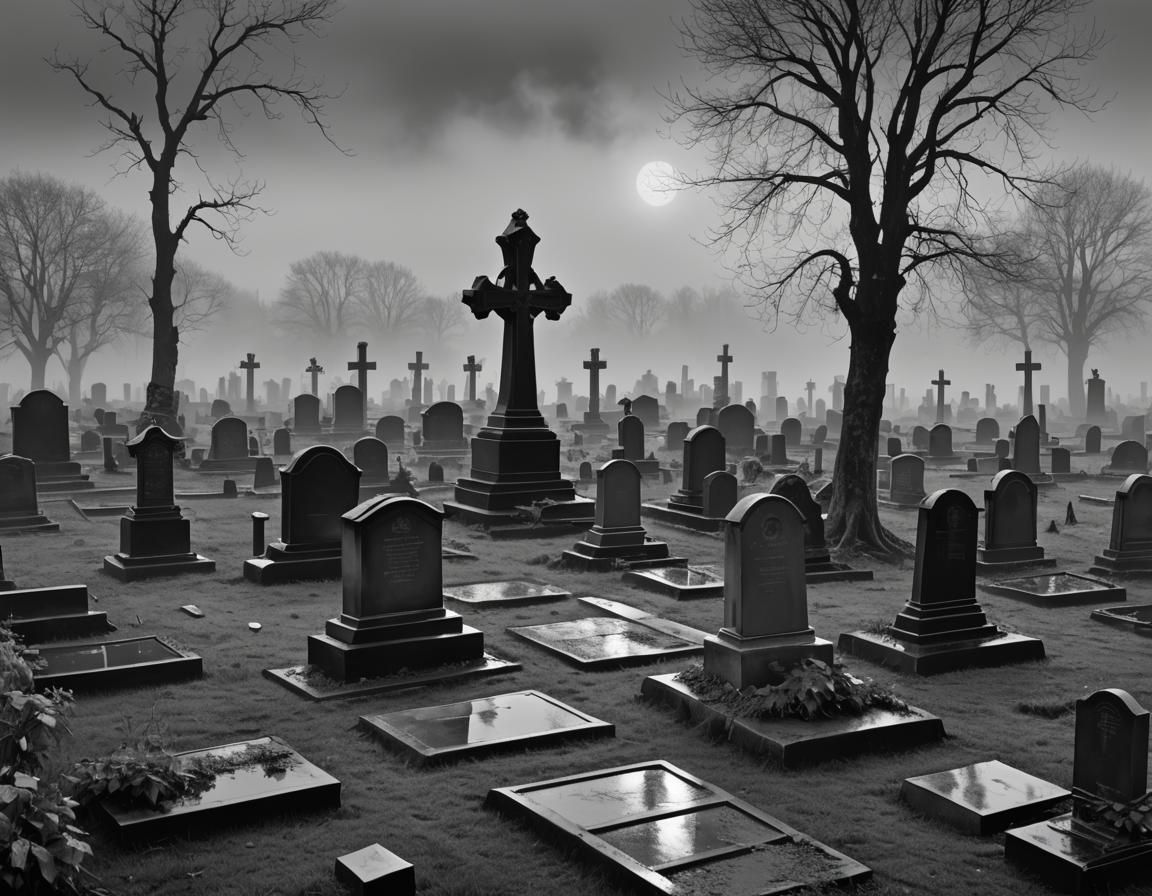 Monochrome Cemetery in Alcohol Ink Style