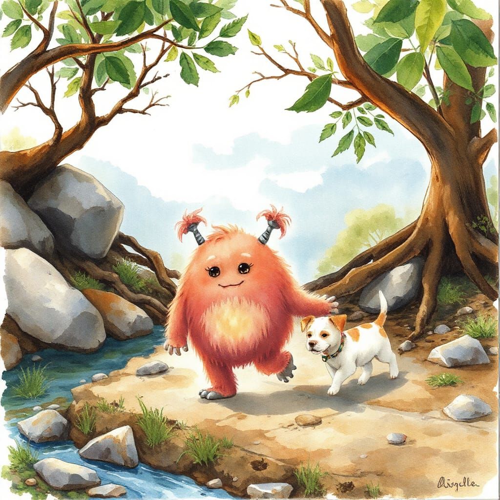 Whimsical Watercolor Monster and Dog Illustration