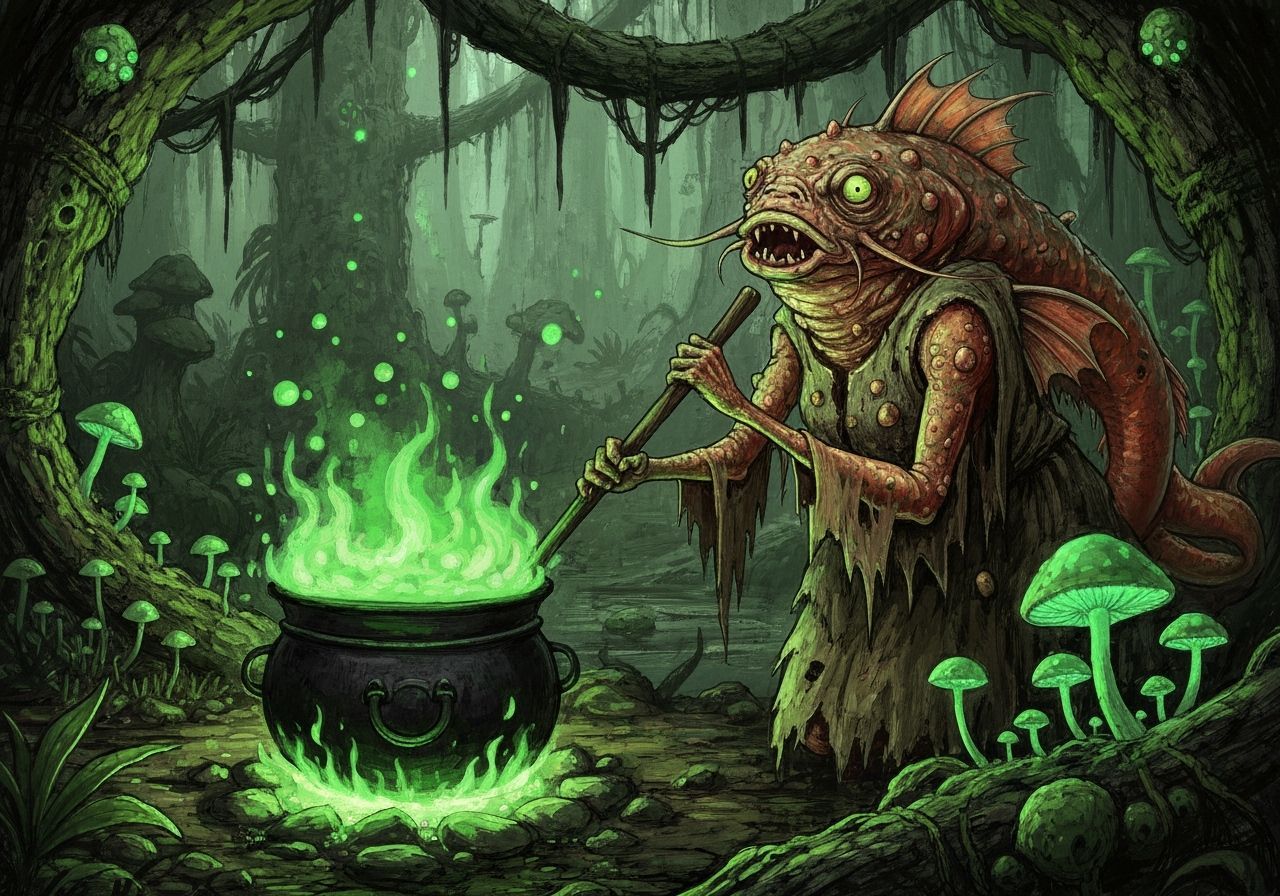 Grotesque Catfish Hag Witch in Fantasy Swamp Landscape