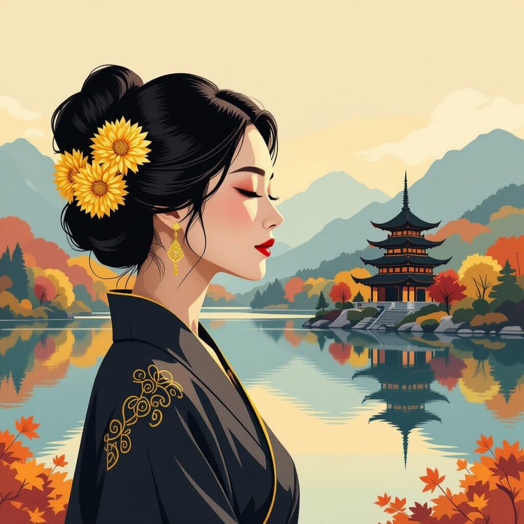 Woman in Profile with Autumn Landscape, Painterly Style
