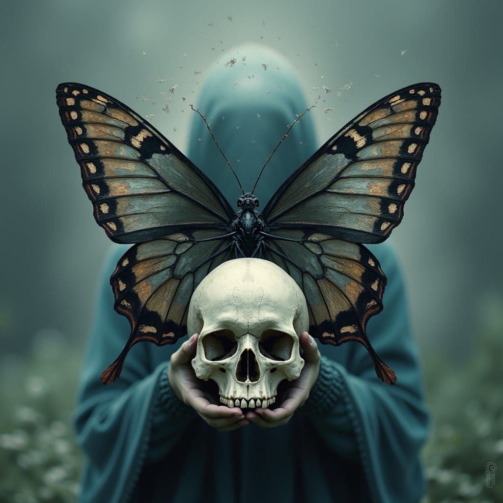 Gothic Butterfly Holding Skull in Ethereal Aura