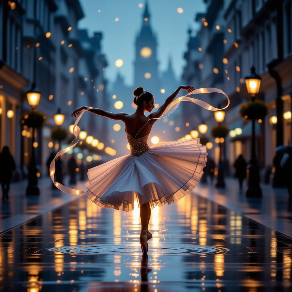Ballerina Pirouette in Rainy Twilight City Plaza
