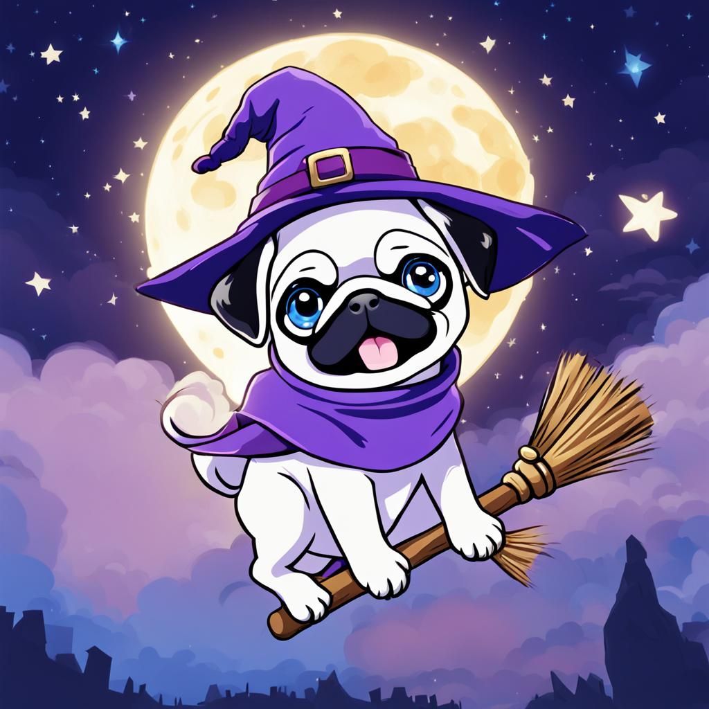 Cute Pug Puppy Witch Flying by the Moon