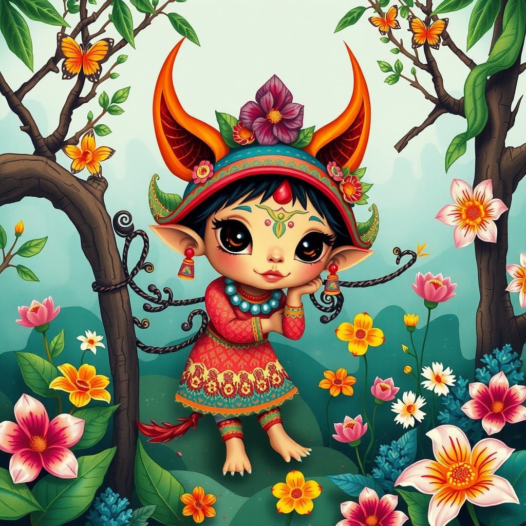 Whimsical Indonesian Folkloric Character in Dreamlike Forest...