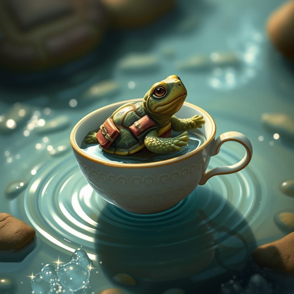Whimsical Turtle Boat Sails Magical Stream