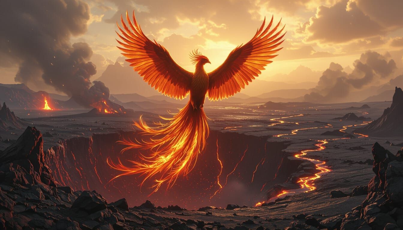 Phoenix Rising from Volcanic Caldera in Baroque Style
