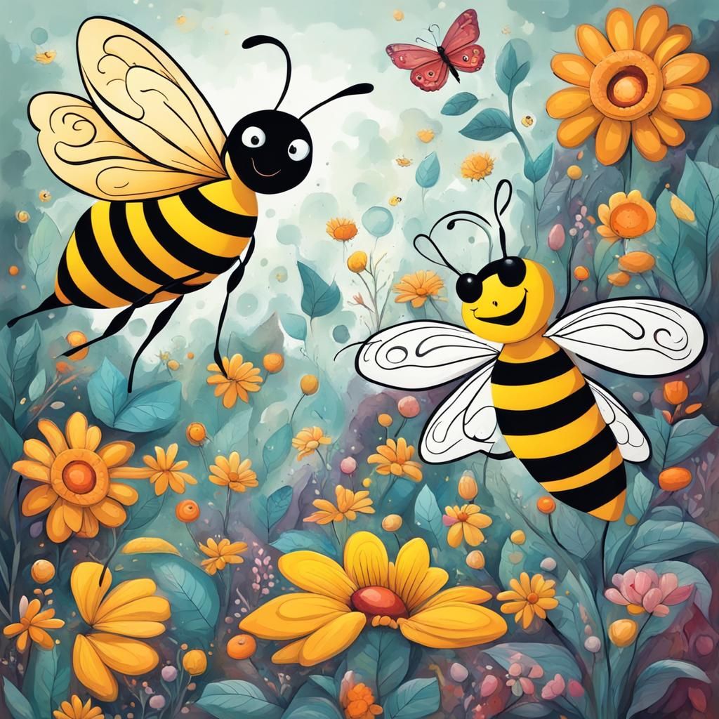 Bee and Butterfly in Magical Cartoon Garden