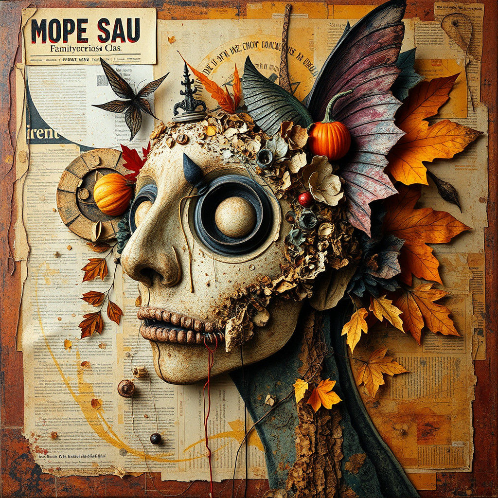 Abstract Collage in Autumn Tones with Impasto