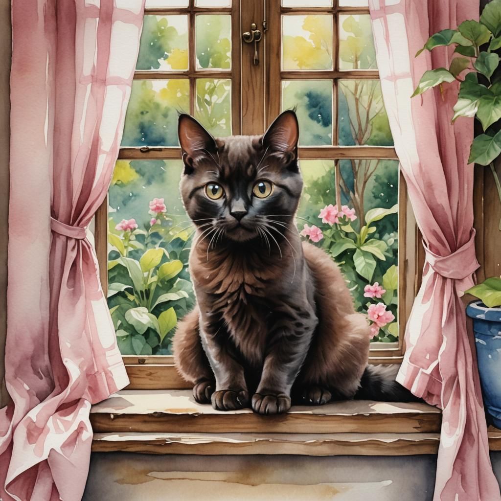 Whimsical Burmese Kitten in Watercolor Garden