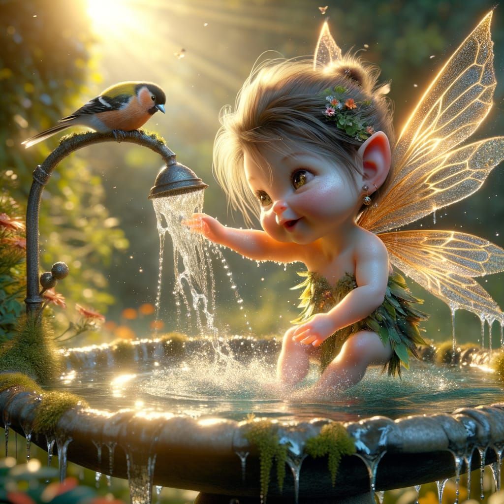 A Fairy's Playful Bath Time Moment in a Lush Garden