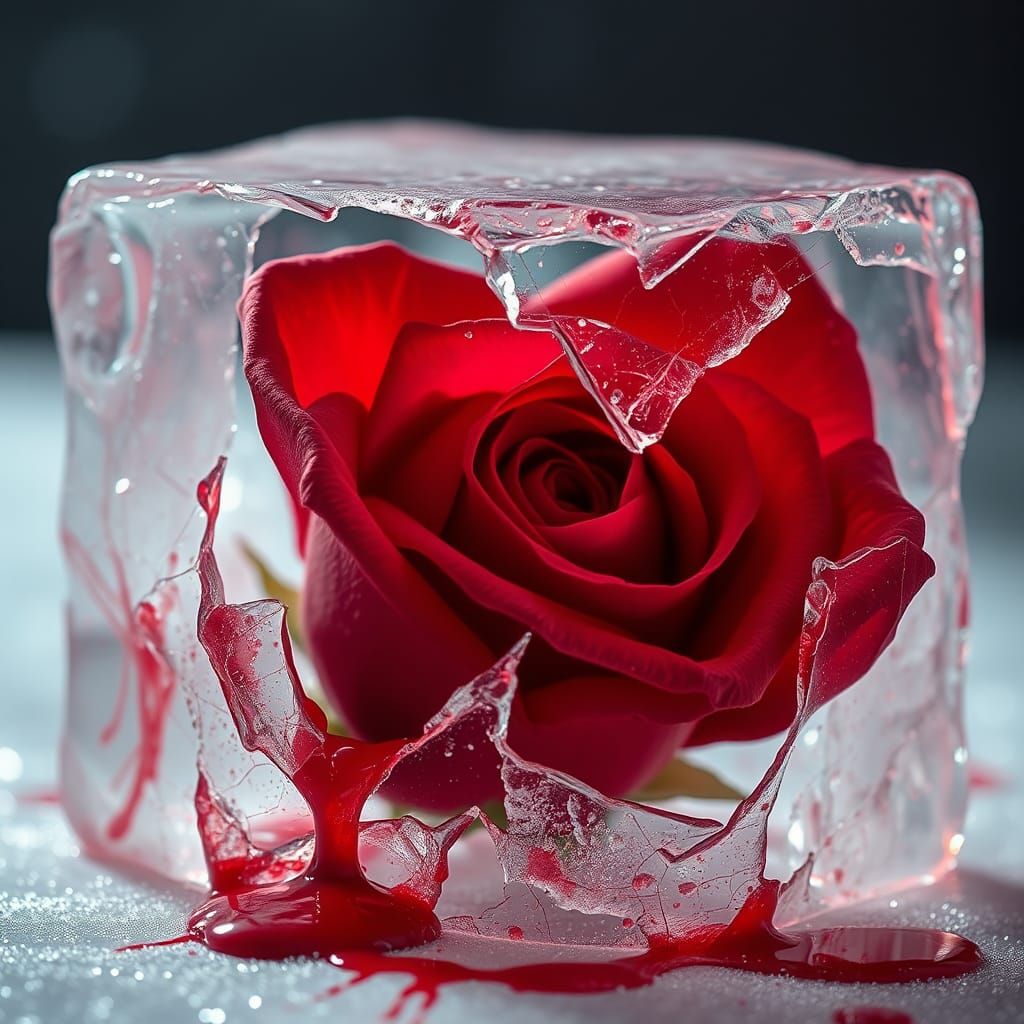 Red Rose Breaks Ice Cube: Holographic Astral Illustration