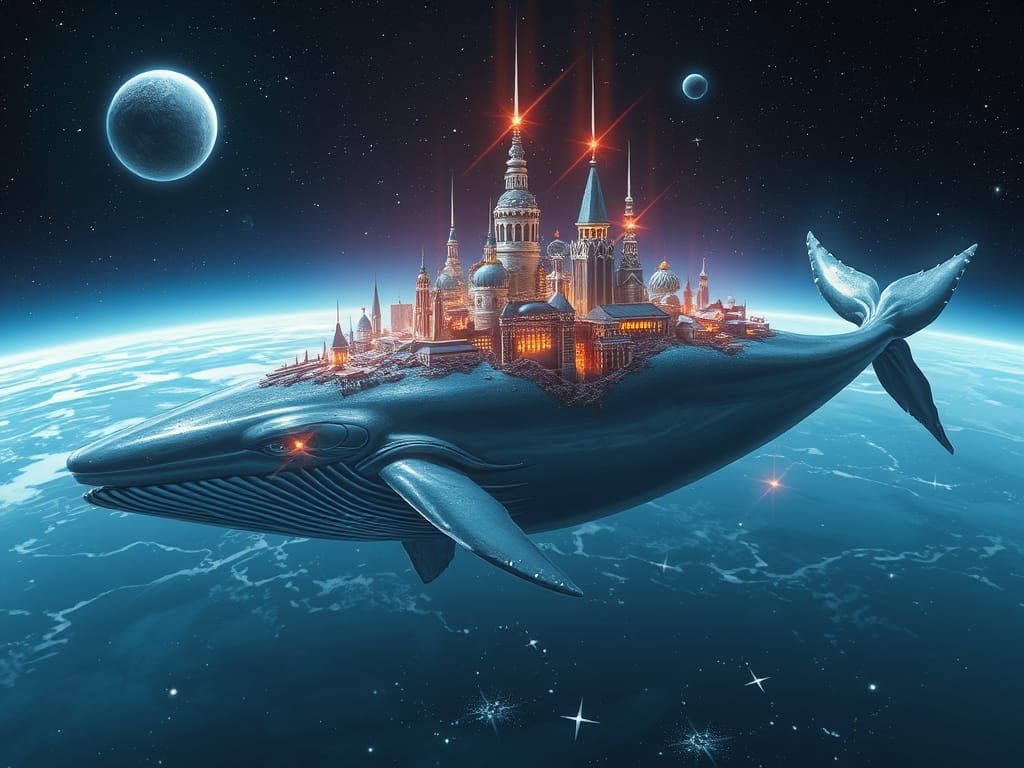 Ethereal Space Whale Carries Celestial Metropolis