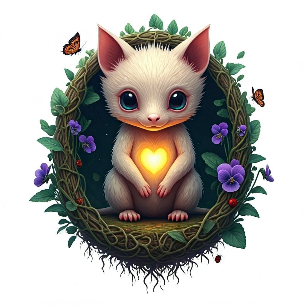 Cartoon Creature in Floral Frame: Digital Concept Art