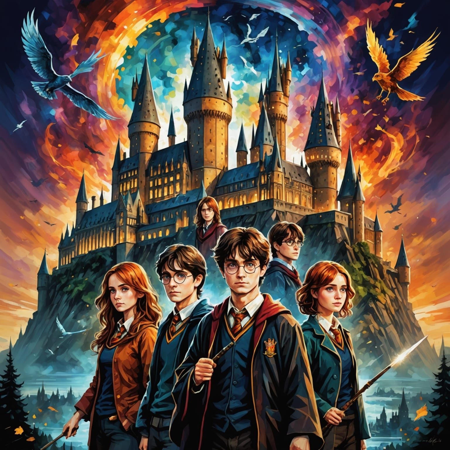 Anime Hogwarts Portrait with Harry Potter Double Exposure