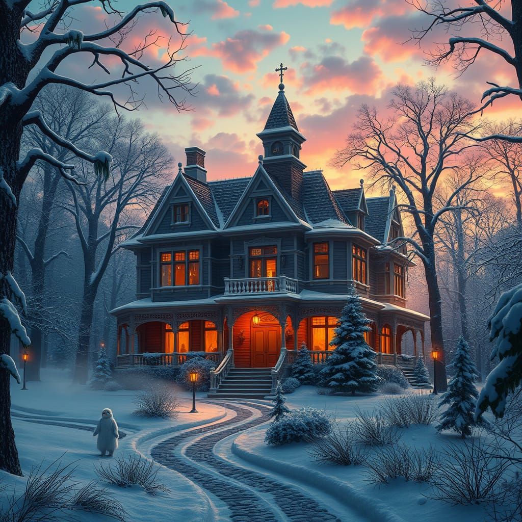 Winter Wonderland Mansion in Whimsical Snow-Covered Forest