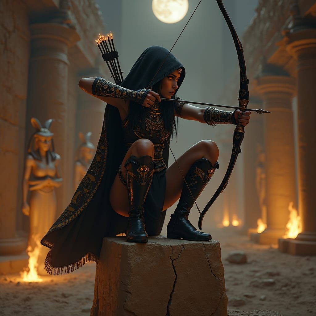 Fantasy Archer in Egyptian Ruins by Moonlight