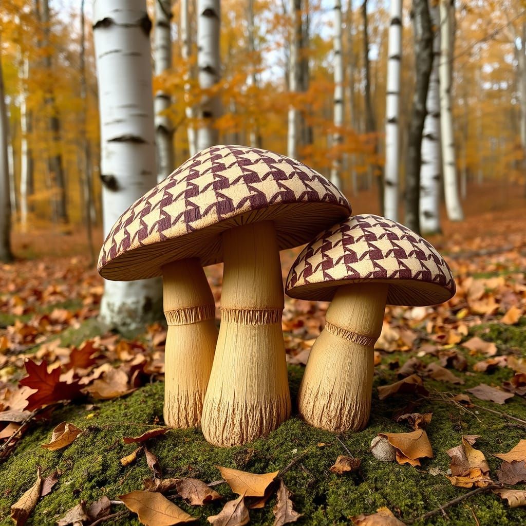 Wood Carved Mushrooms with Houndstooth Pattern in Autumn For...