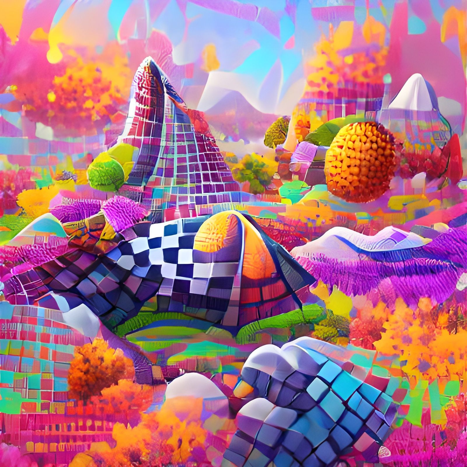 Geometric Checkerboard Fantasy Landscape in 8k