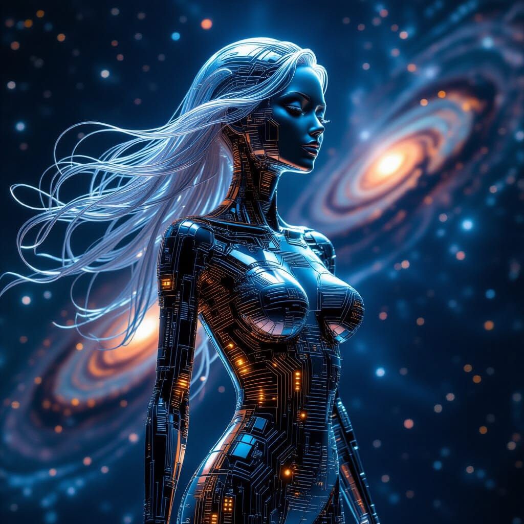 Metallic Woman Sculpture in Cosmic Digital Art Style