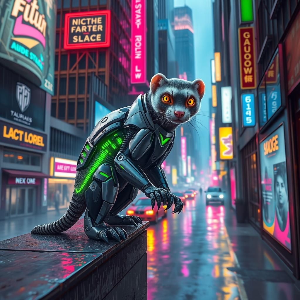 Cyberpunk Mechanized Ferret in Futuristic Cityscape