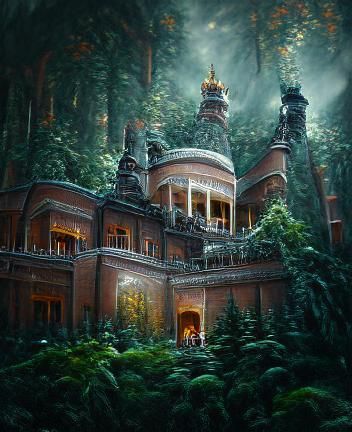 Cosmic Palace in Forest: Holographic Astral Illustration
