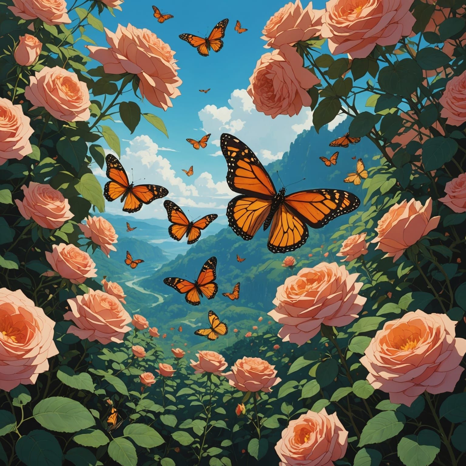 Giant Monarch Butterflies in Anime Style