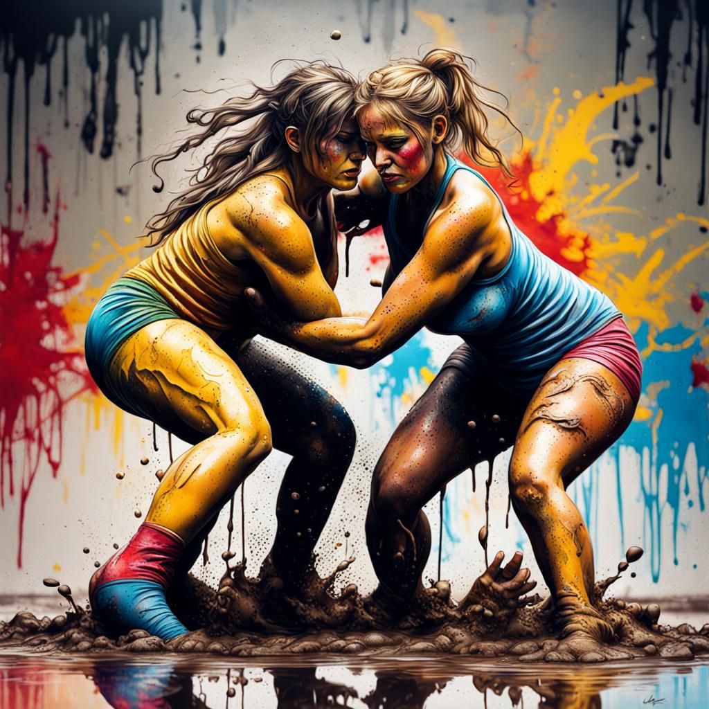 Mud Wrestling Women in Graffiti Art Style