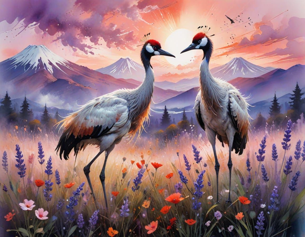 Red-Crowned Cranes in Summer Meadow, Neo-Impressionist Style