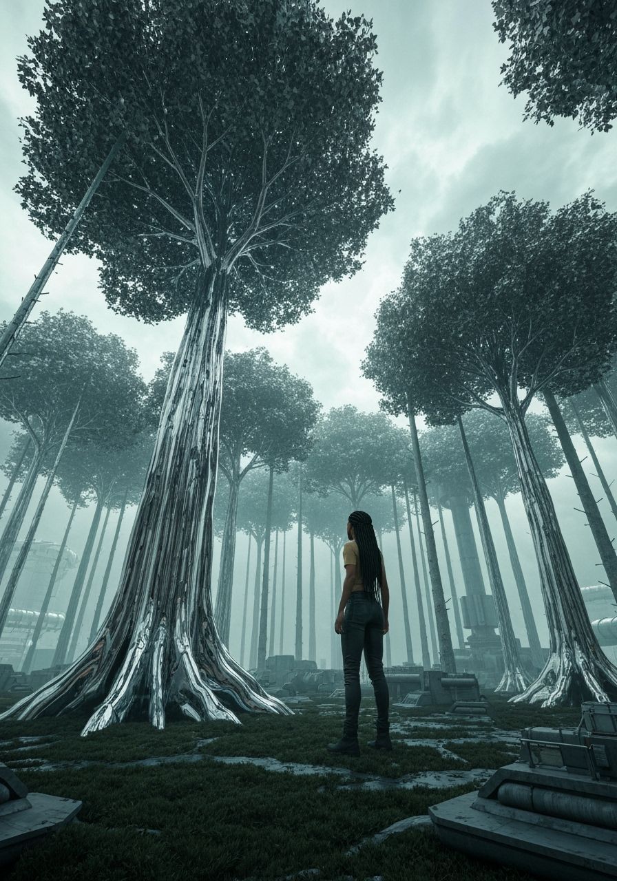 Bioluminescent Tree Glows in Metal Industrial Forest