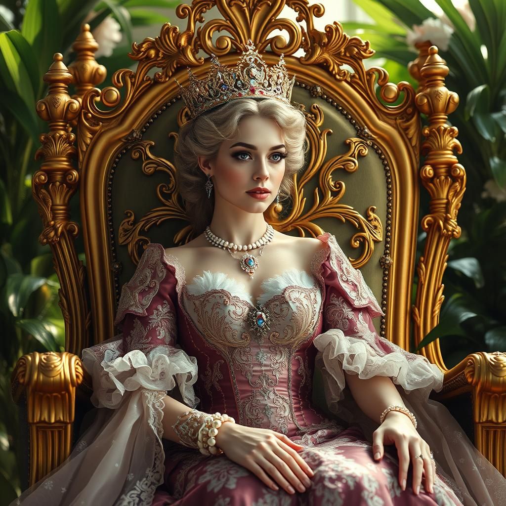 Regal Queen on Gold Throne in Photorealistic Style