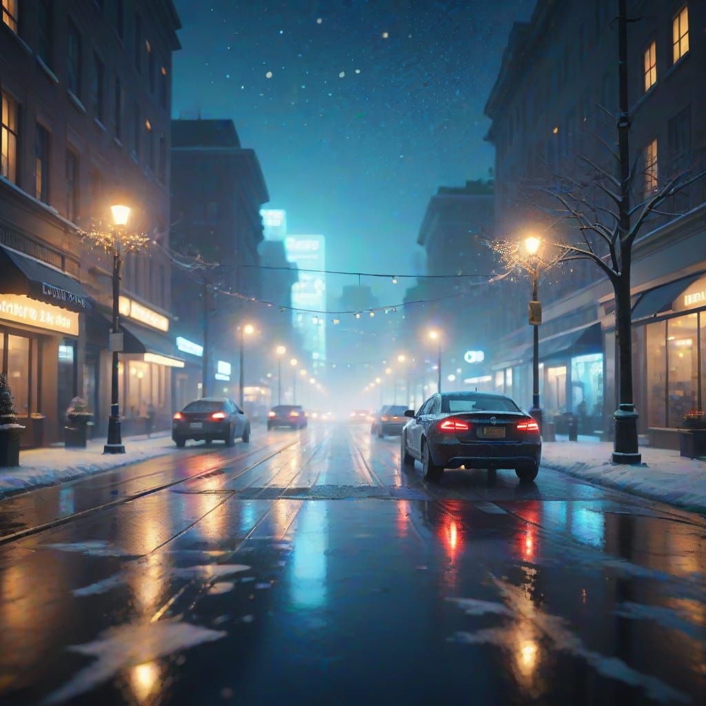 Snowy Cityscape at Night in Foggy Digital Matte Painting Sty...