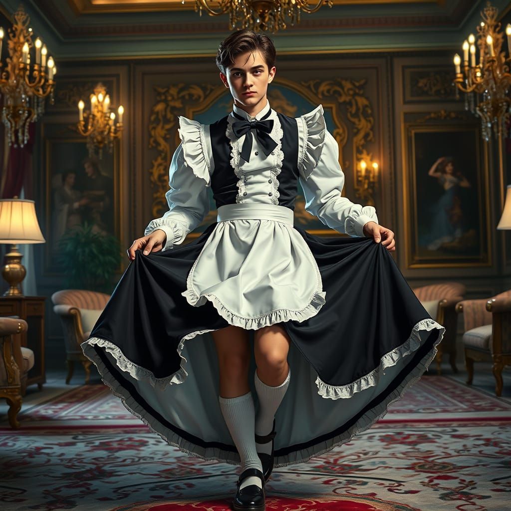 Luxurious French Maid Dressed Young Man Exposes Knees in Lav...