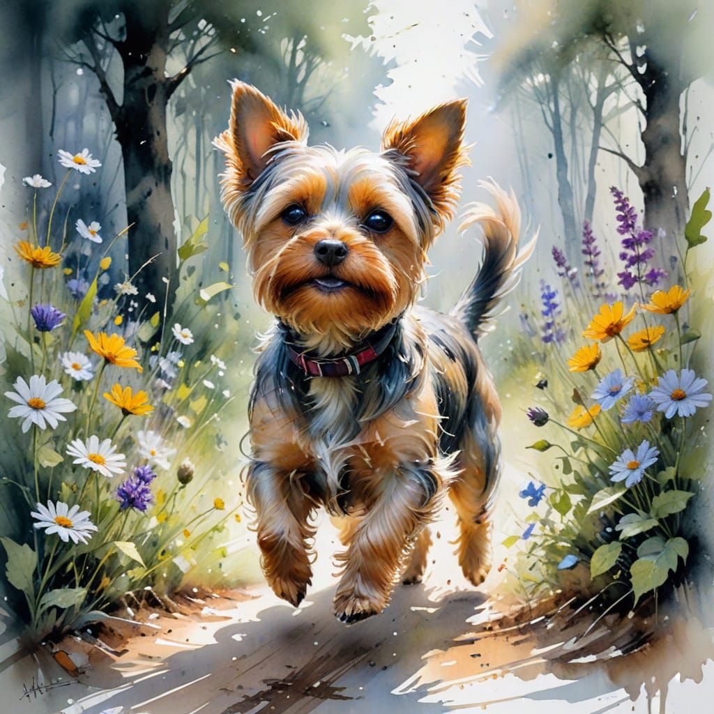 Whimsical Yorkie Hops Through Sunlit Wildflower Lane