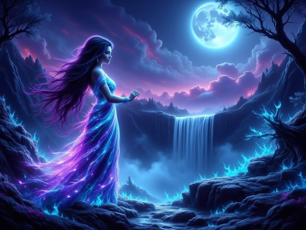 Turquoise and Purple Luminescent Sorceress in Fantasy Landsc...