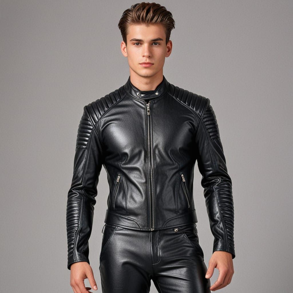 Handsome Man in Black Leather Suit