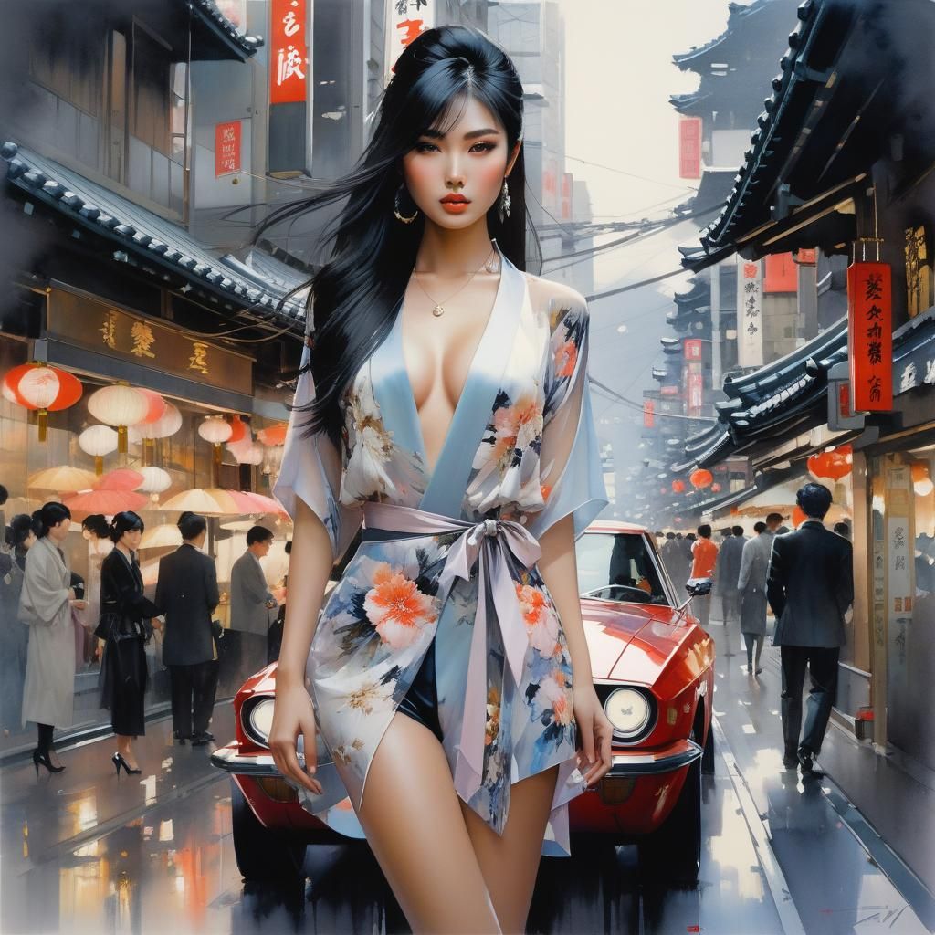 Beautiful Asian Girl Portrait in Tokyo, Splash Art