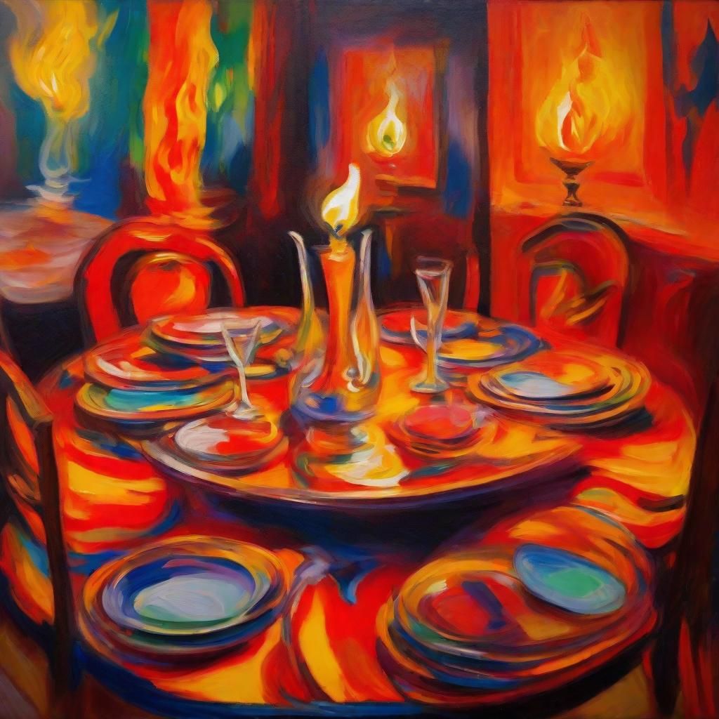 Surreal Dinner Table in Fauvist Oil Painting Style