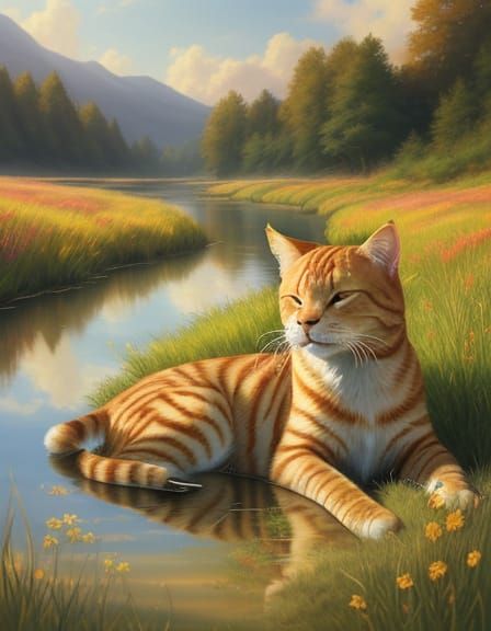 Colossal Ginger Tabby Cat in Meadow: Fantasy Art