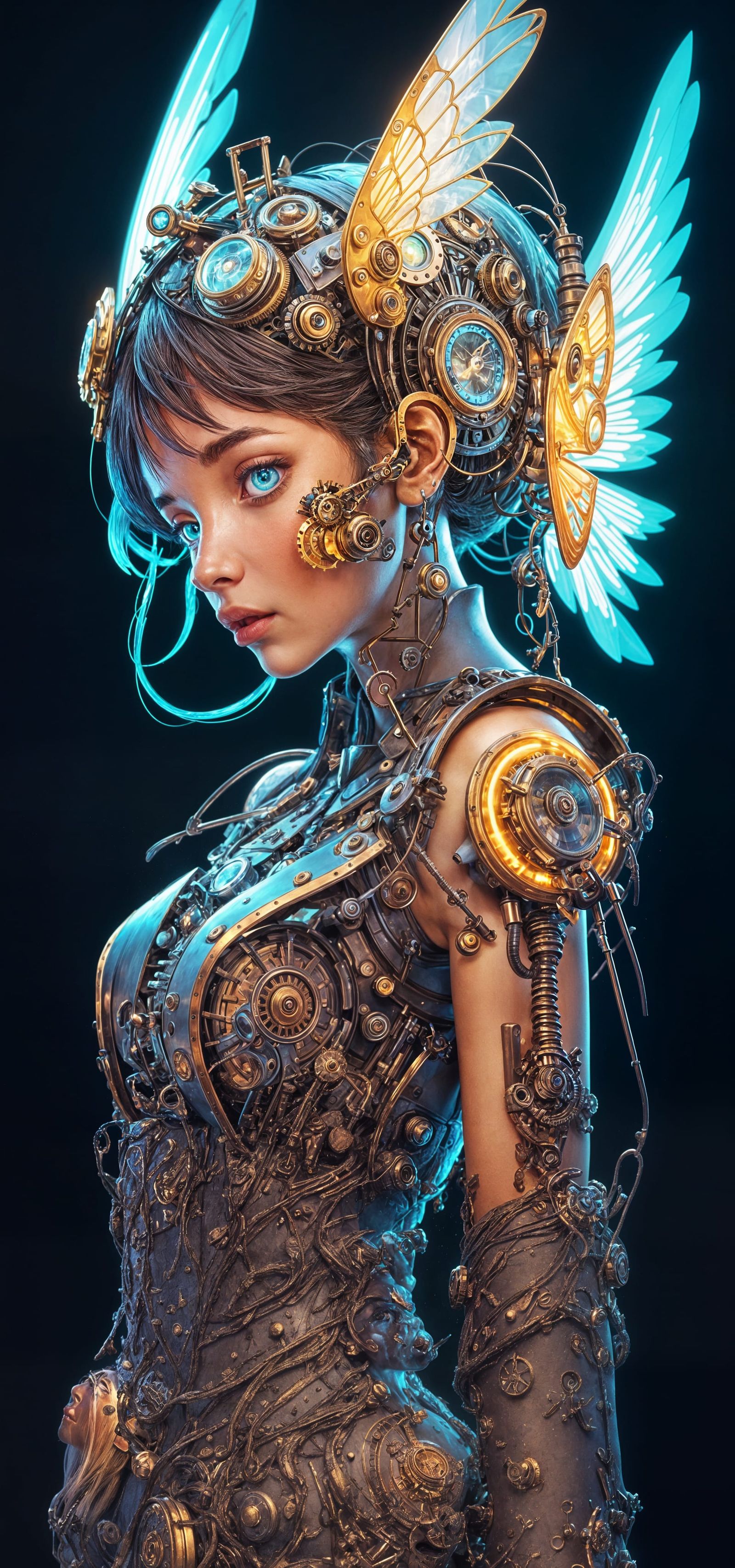 Steampunk Girl with Clockwork Wings in Dreamlike Neon World
