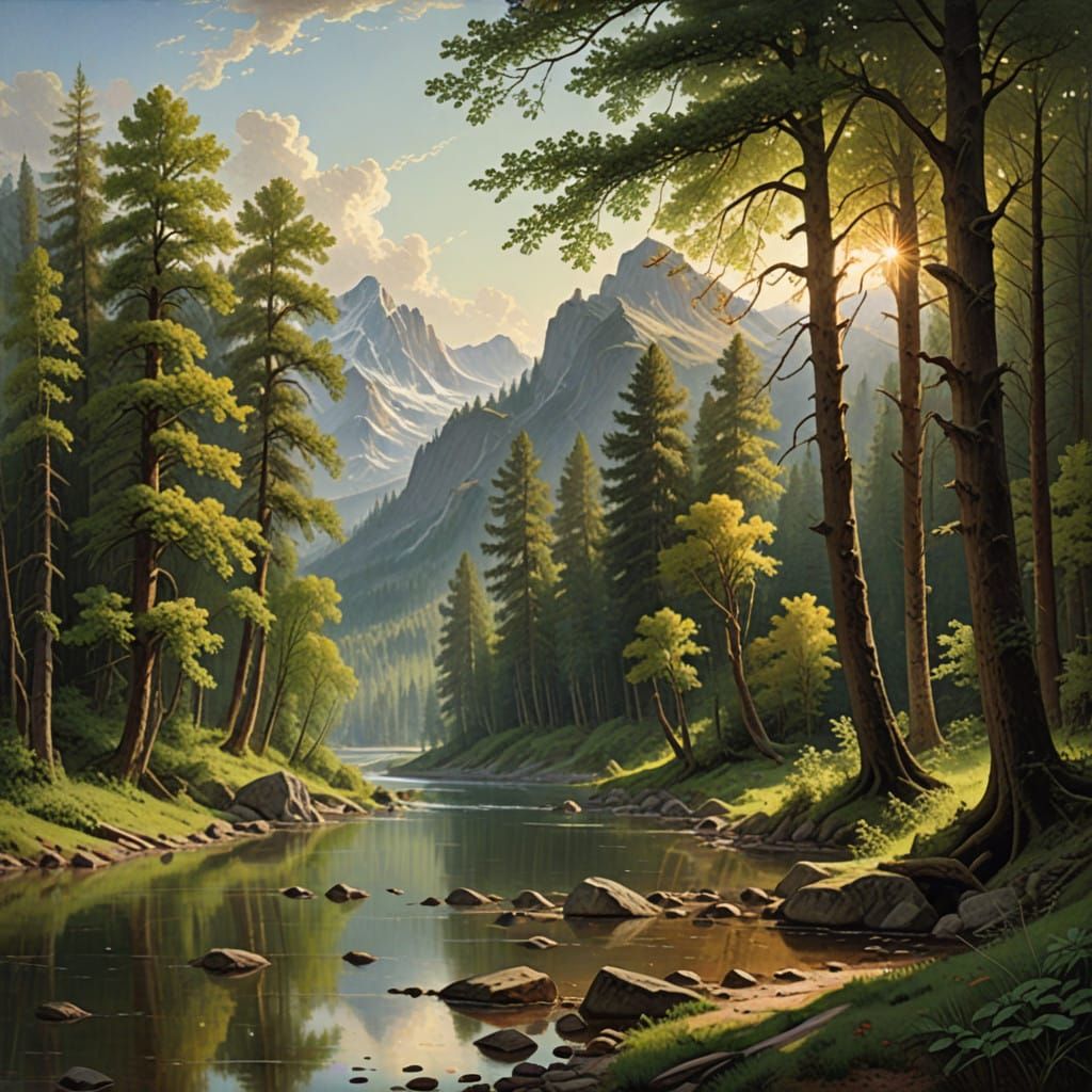 Lush Serene River Landscape with Majestic Trees and Dappled...