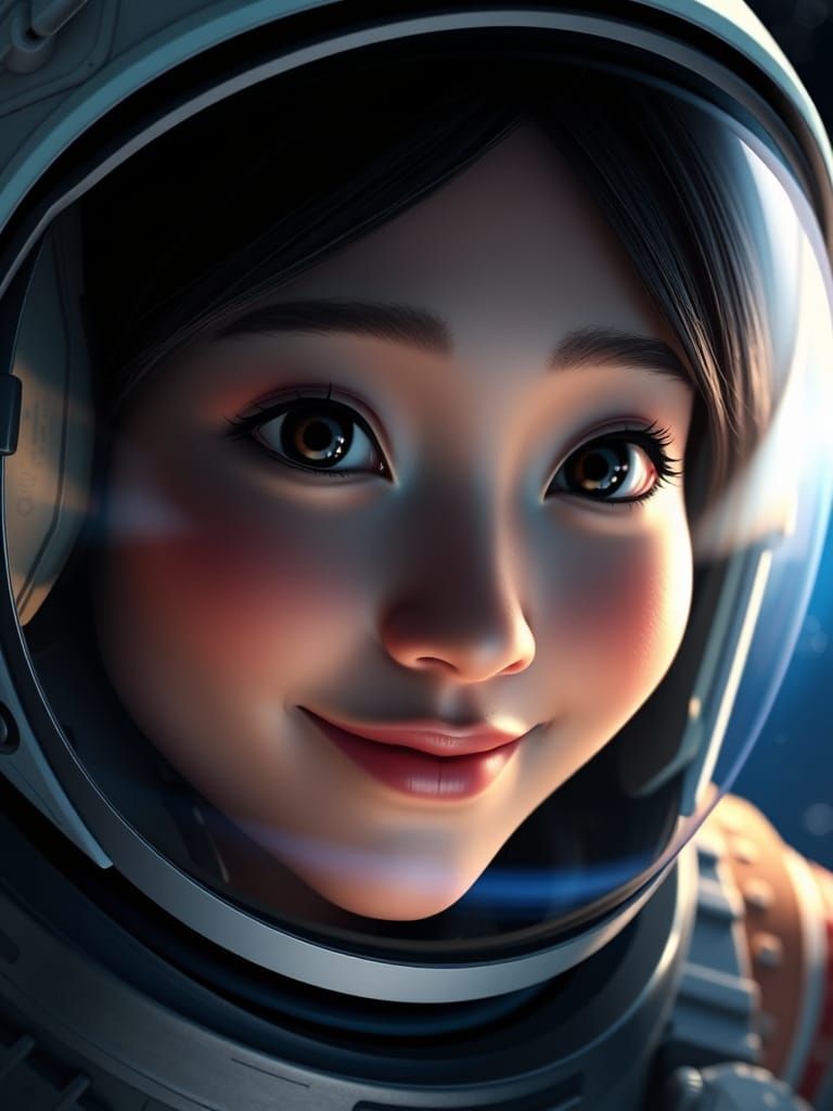 Asian Astronaut's Determined Face in Deep Space