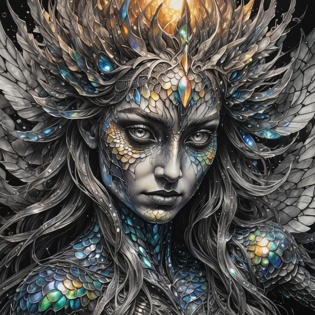 Iridescent Scaled Being in Charcoal Style