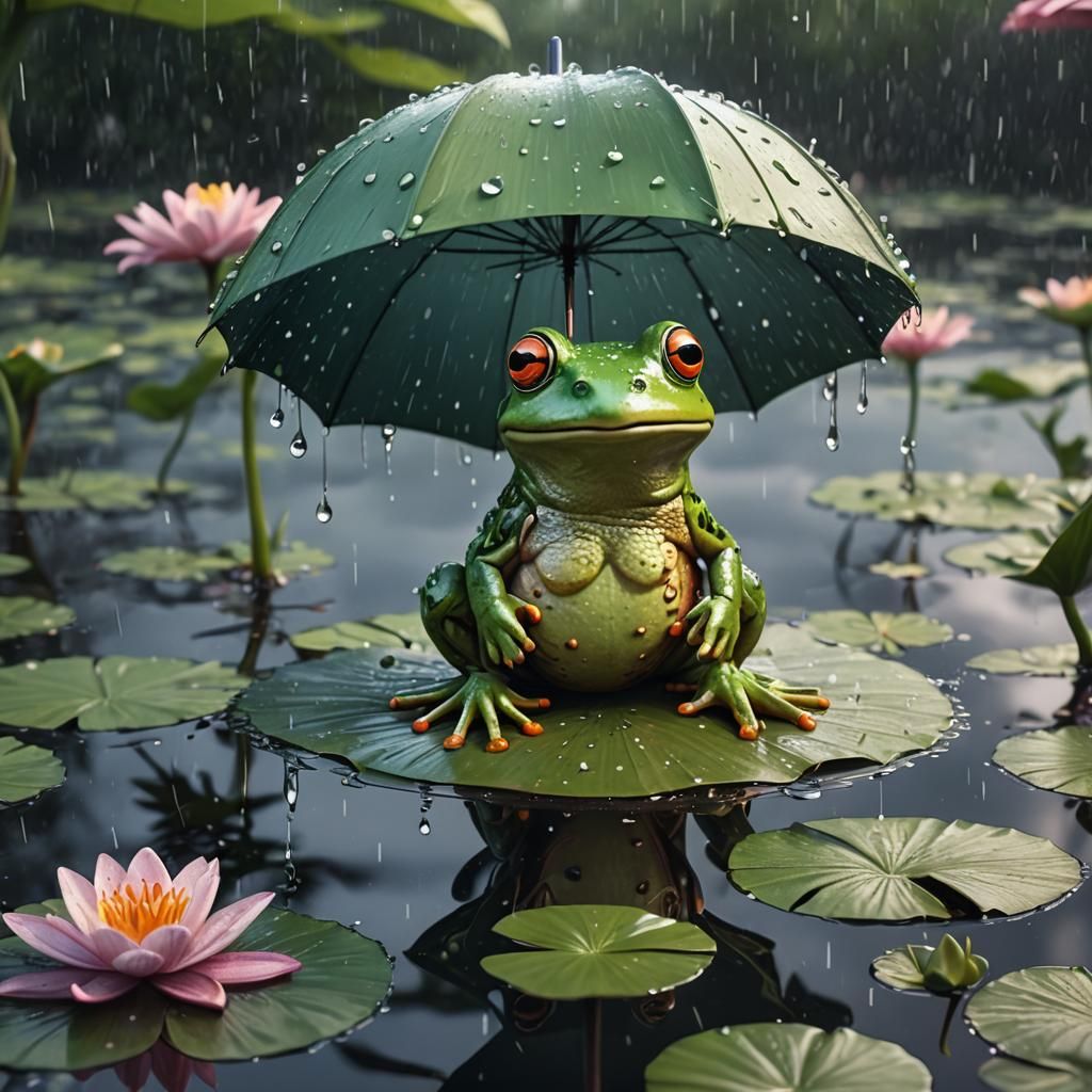 Frog Under Umbrella in Rain, Fantasy Art